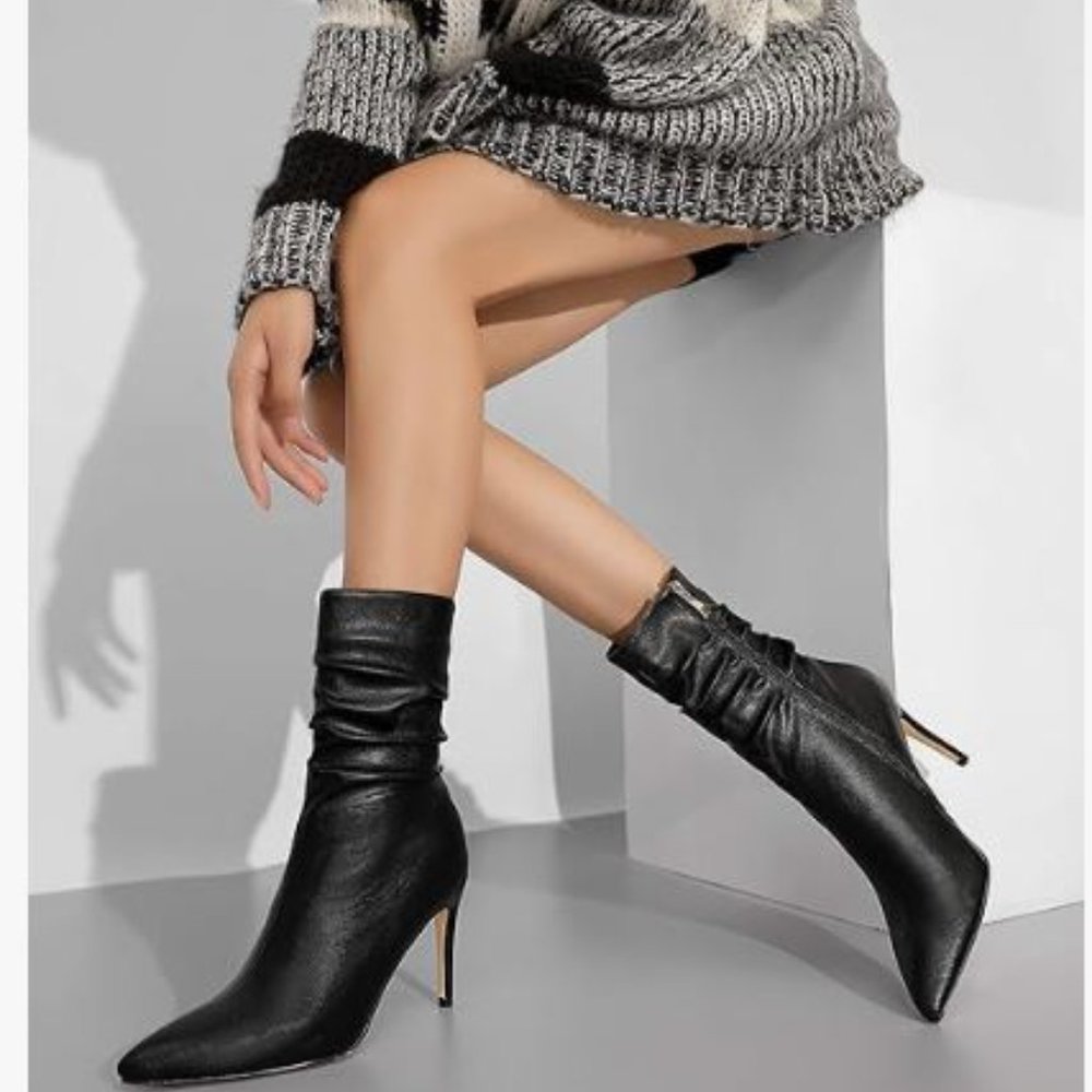 vivianly Womens Pointed Toe Heel Boots Stiletto Heels Mid-Calf Boots Zipper Boot - Picture 6 of 7